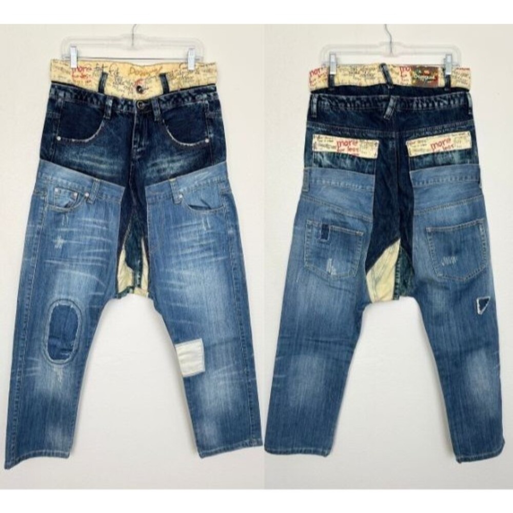 Desigual Jeans Patchwork Dropcrotch Distressed Medium Wash Blue Hip Hop Men's 28